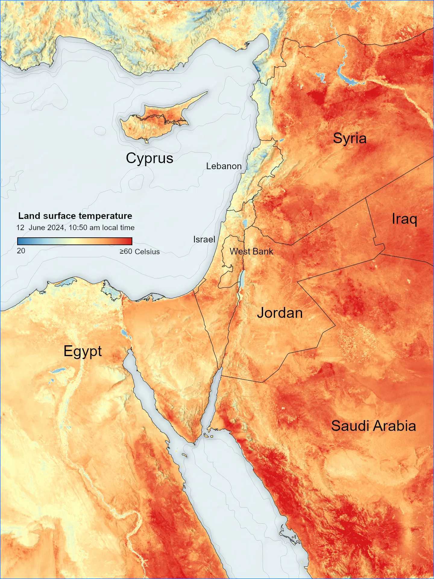 Sentinel-3 land surface temperature over the Middle East on 12 June 2024