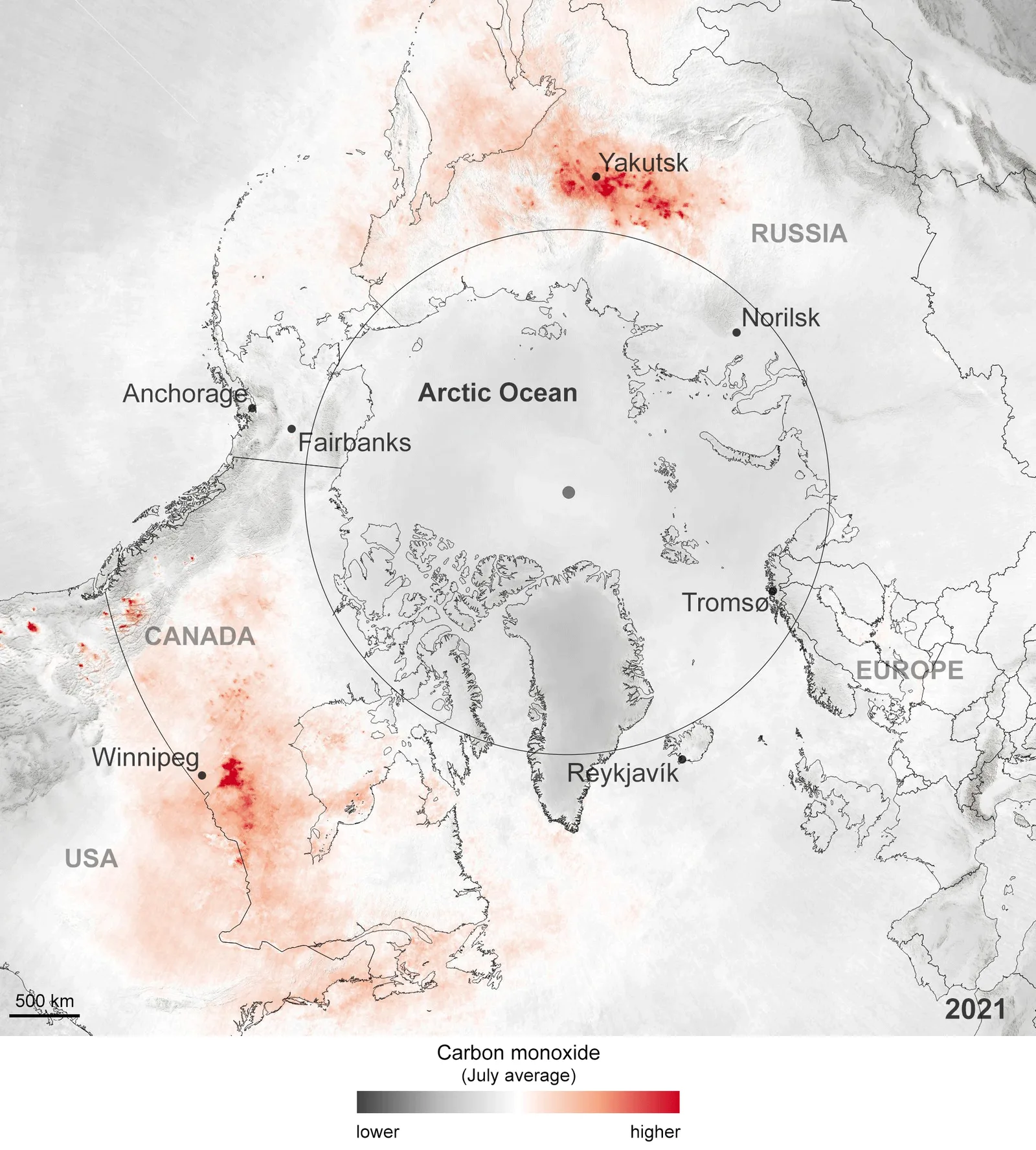 2021: July average carbon monoxide around the Arctic Circle from Sentinel-5P