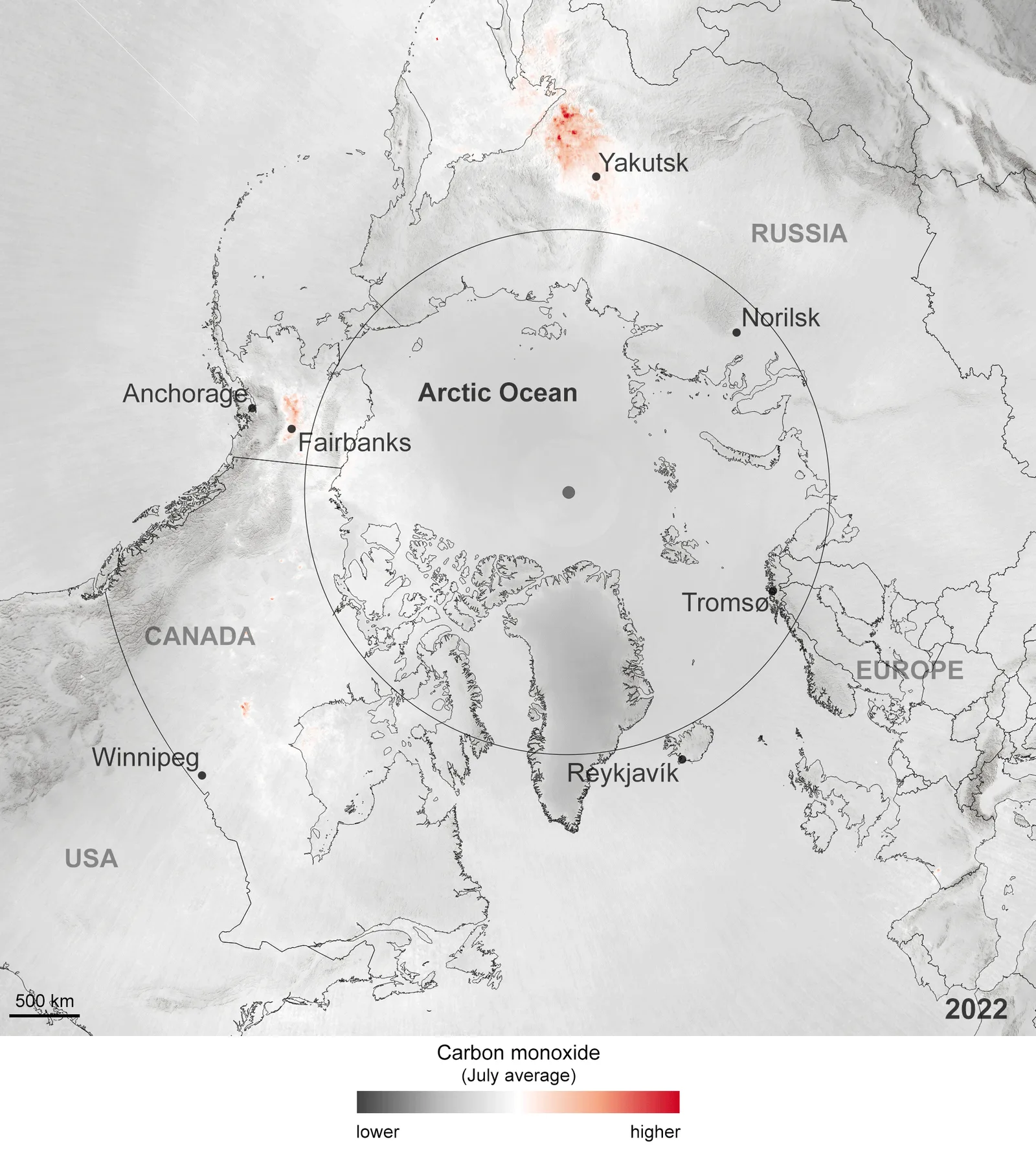2022: July average carbon monoxide around the Arctic Circle from Sentinel-5P