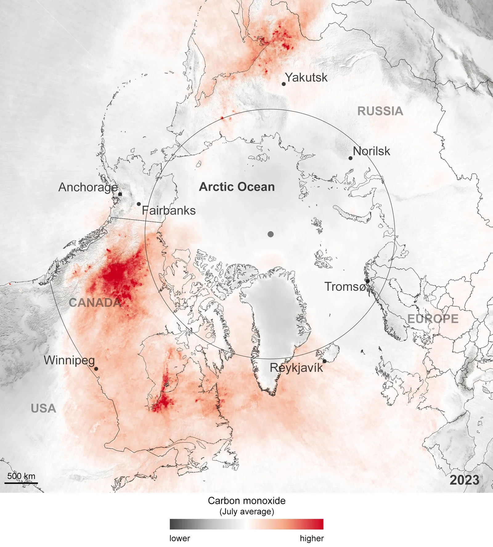 2023: July average carbon monoxide around the Arctic Circle from Sentinel-5P