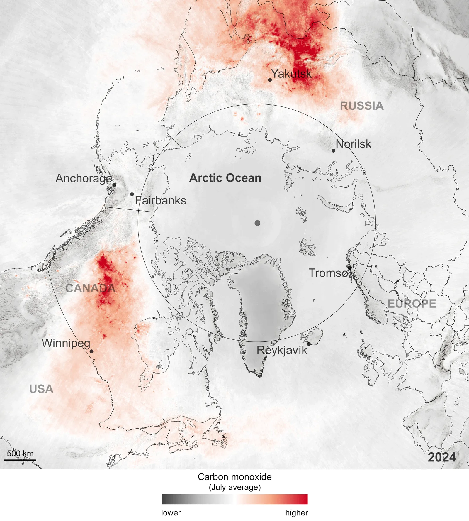 2024: July average carbon monoxide around the Arctic Circle from Sentinel-5P