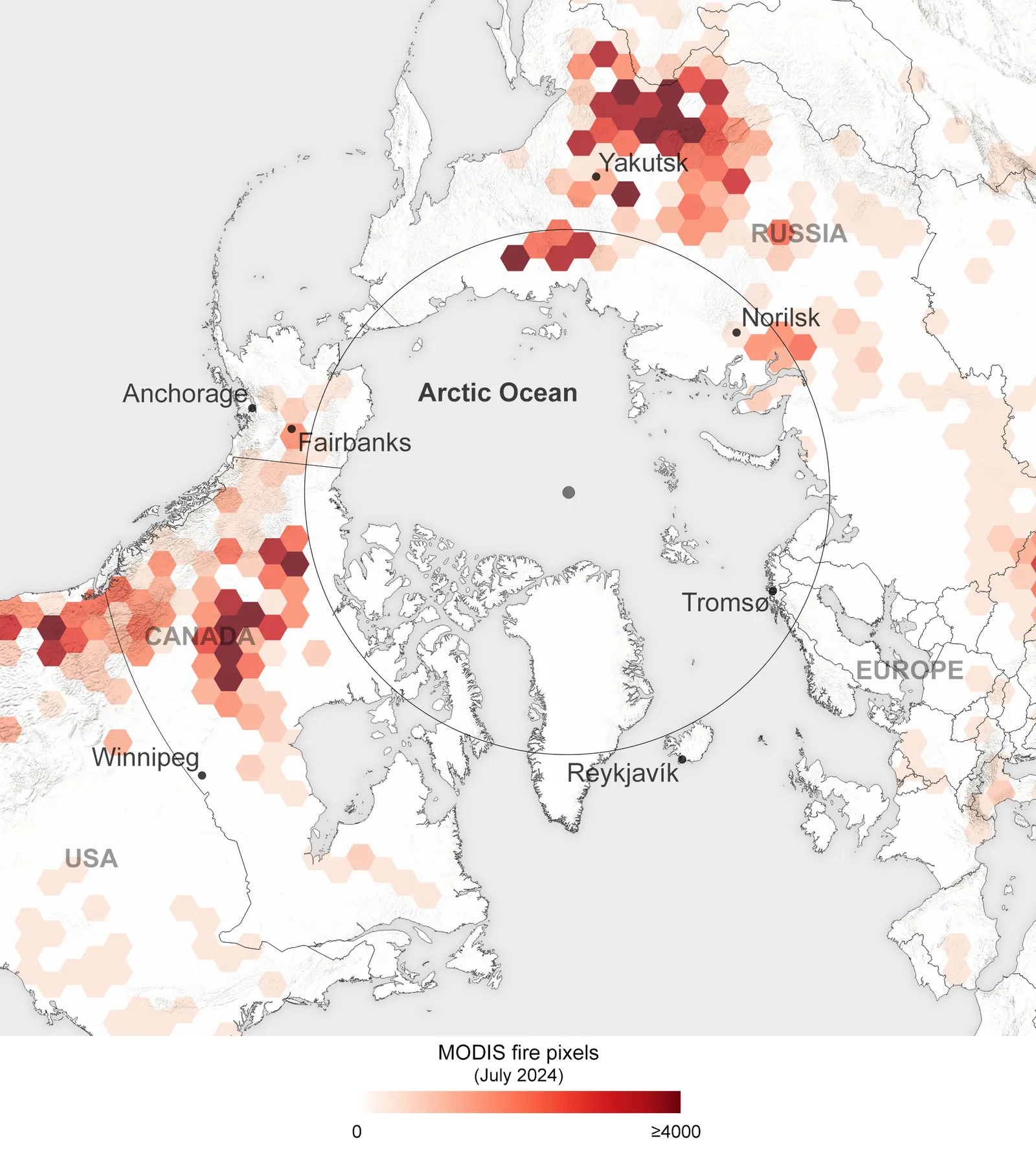 MODIS fire pixel count per hexagon around the Arctic Circle, July 2024