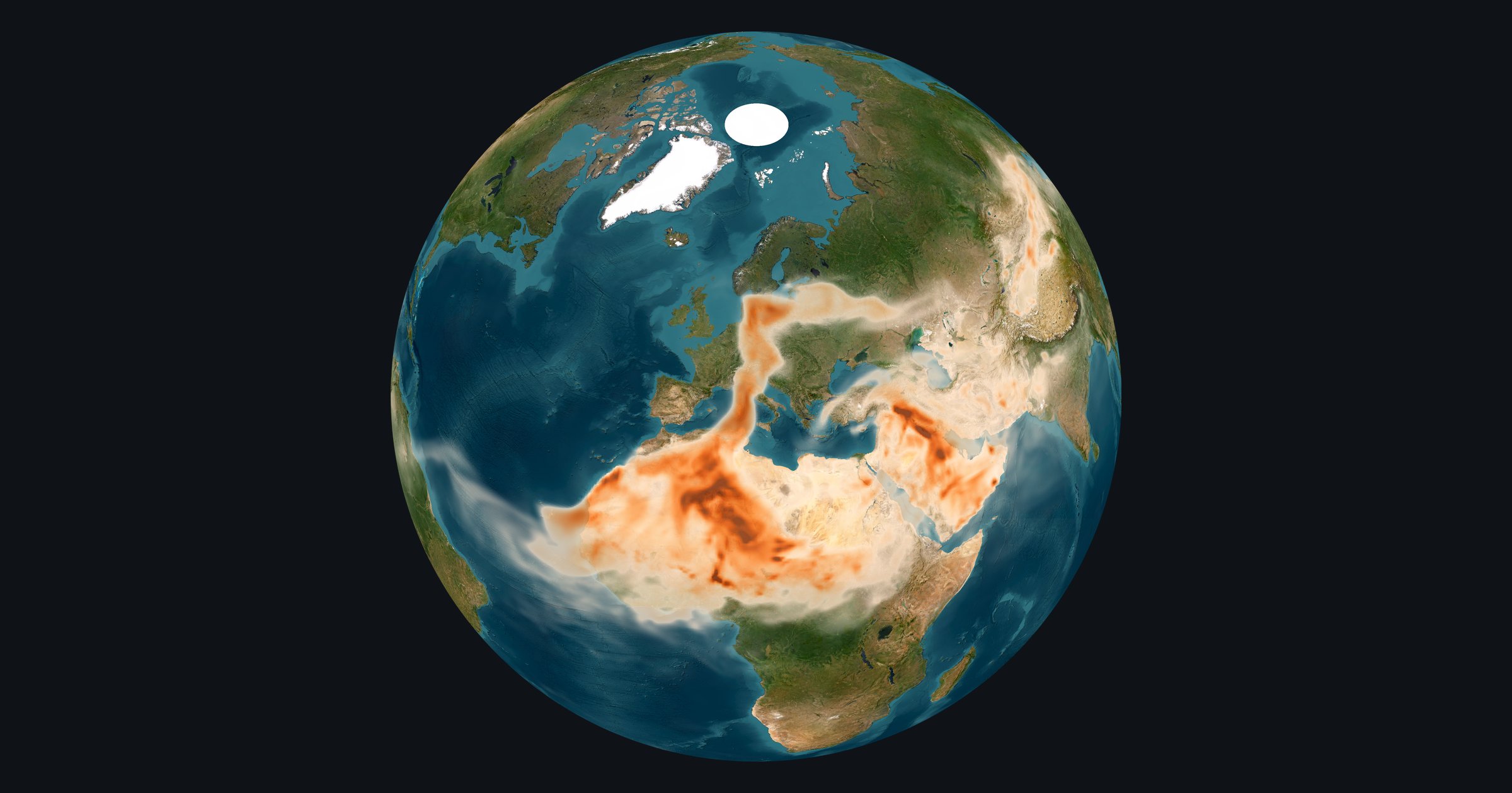 Globe showing the CAMS dust plume stretching from the Sahara over the Mediterranean into central Europe