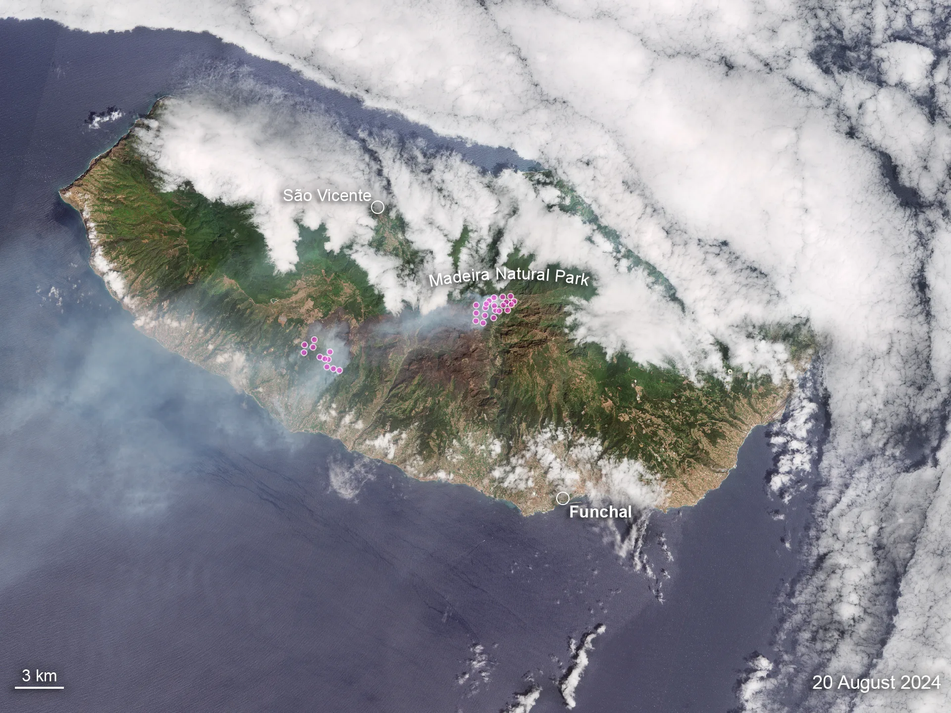 20 Aug 2024 · Sentinel-2: The Madeira forest fire, with VIIRS active fire pixels in pink