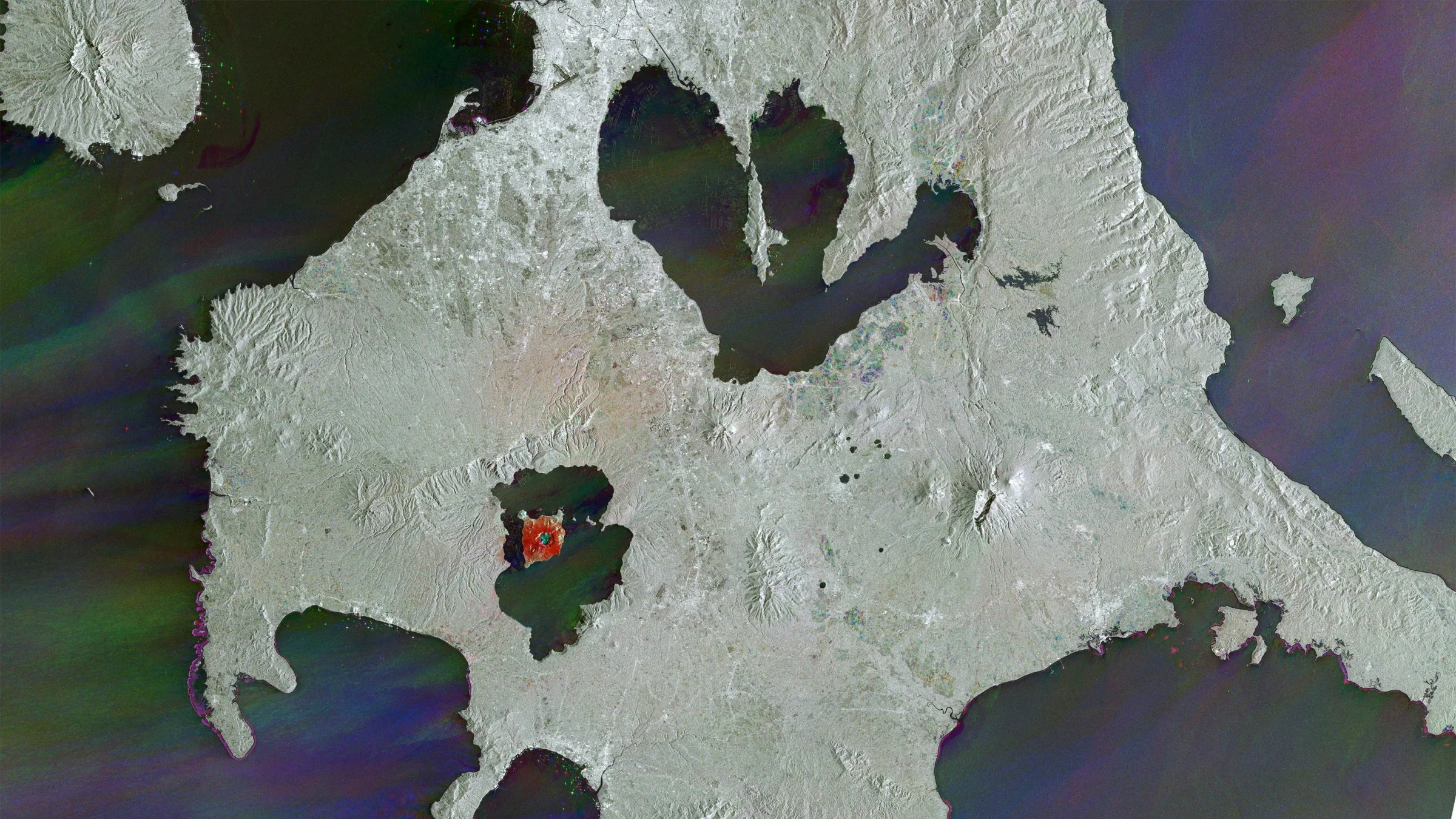 Sentinel-1 multitemporal change detection of the Taal area, with Volcano Island in red